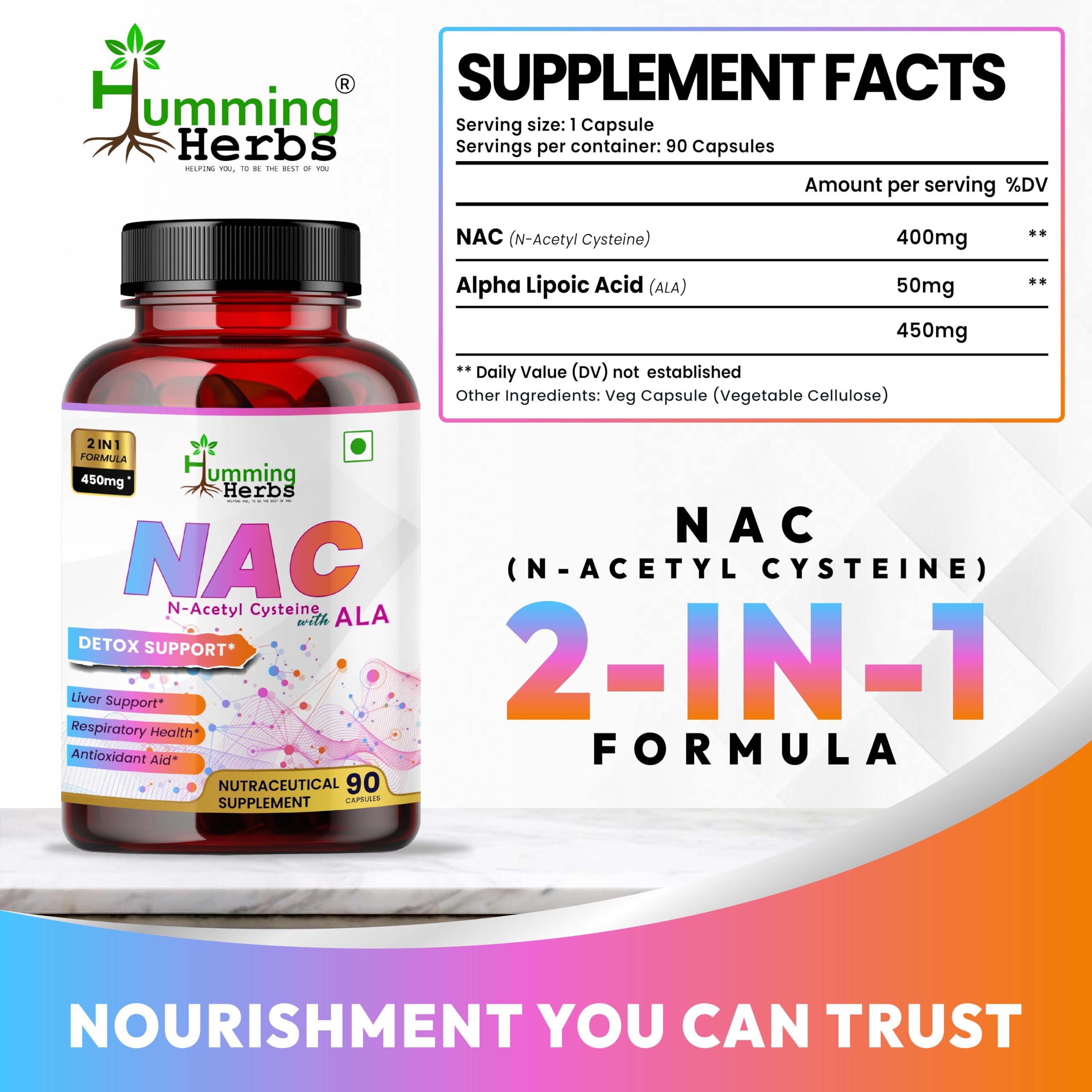 Humming Herbs NAC 450mg capsule close-up signaling vegan capsules