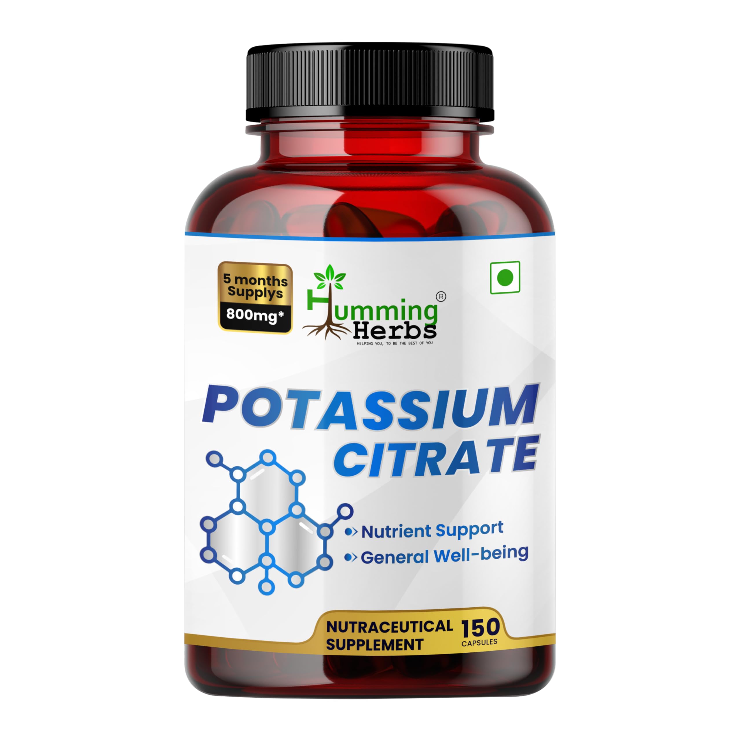 Humming Herbs Potassium Citrate 800 mg bottle, label clearly lists elemental potassium for electrolyte balance.