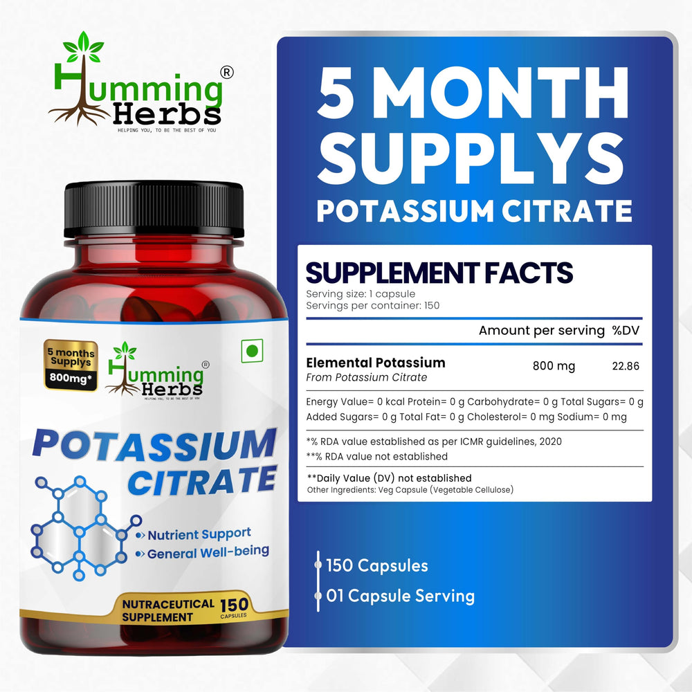 Humming Herbs Potassium Citrate capsules close-up emphasizes vegan, non-GMO formula.