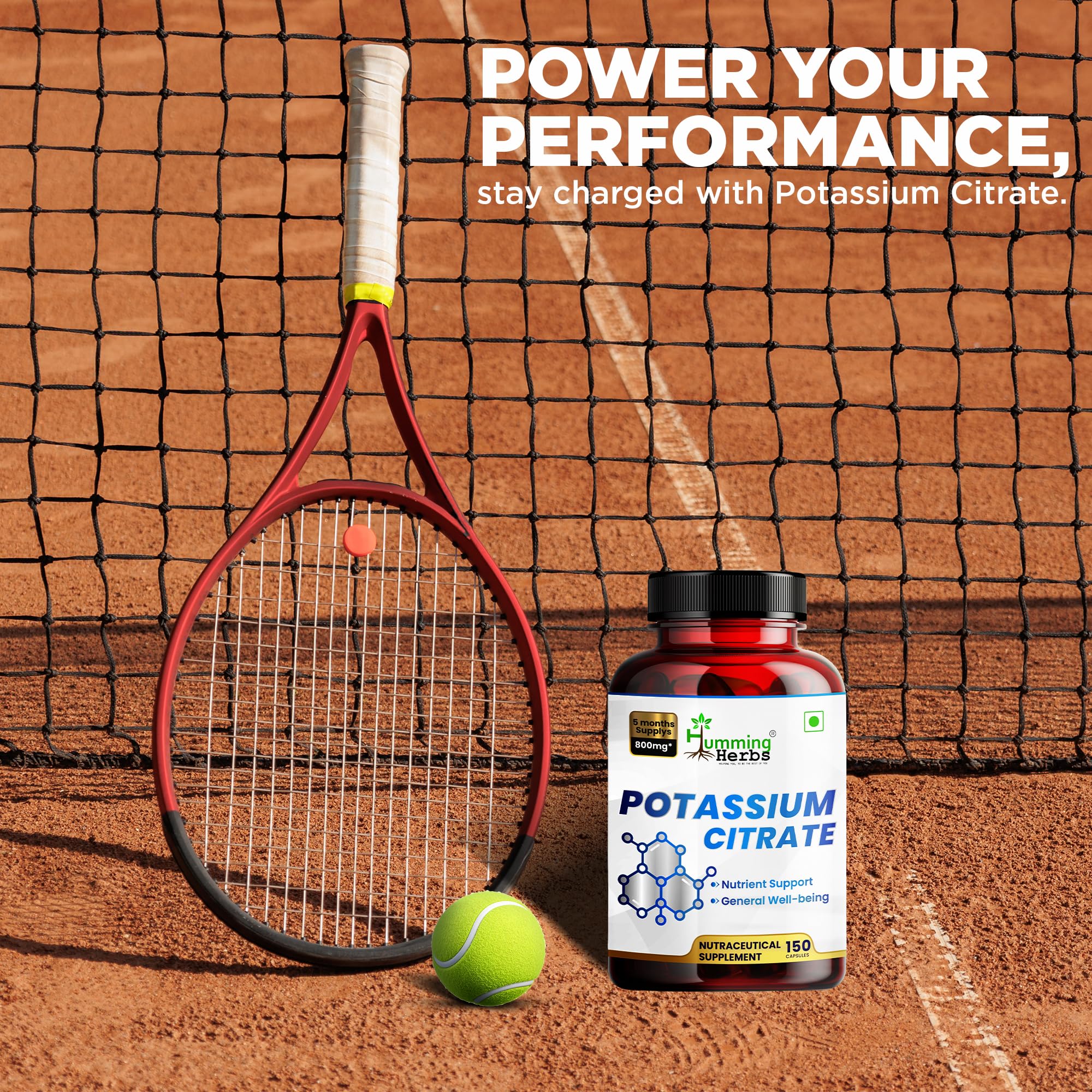 Humming Herbs potassium citrate label image highlights 800 mg citrate per capsule and transparent dosing.