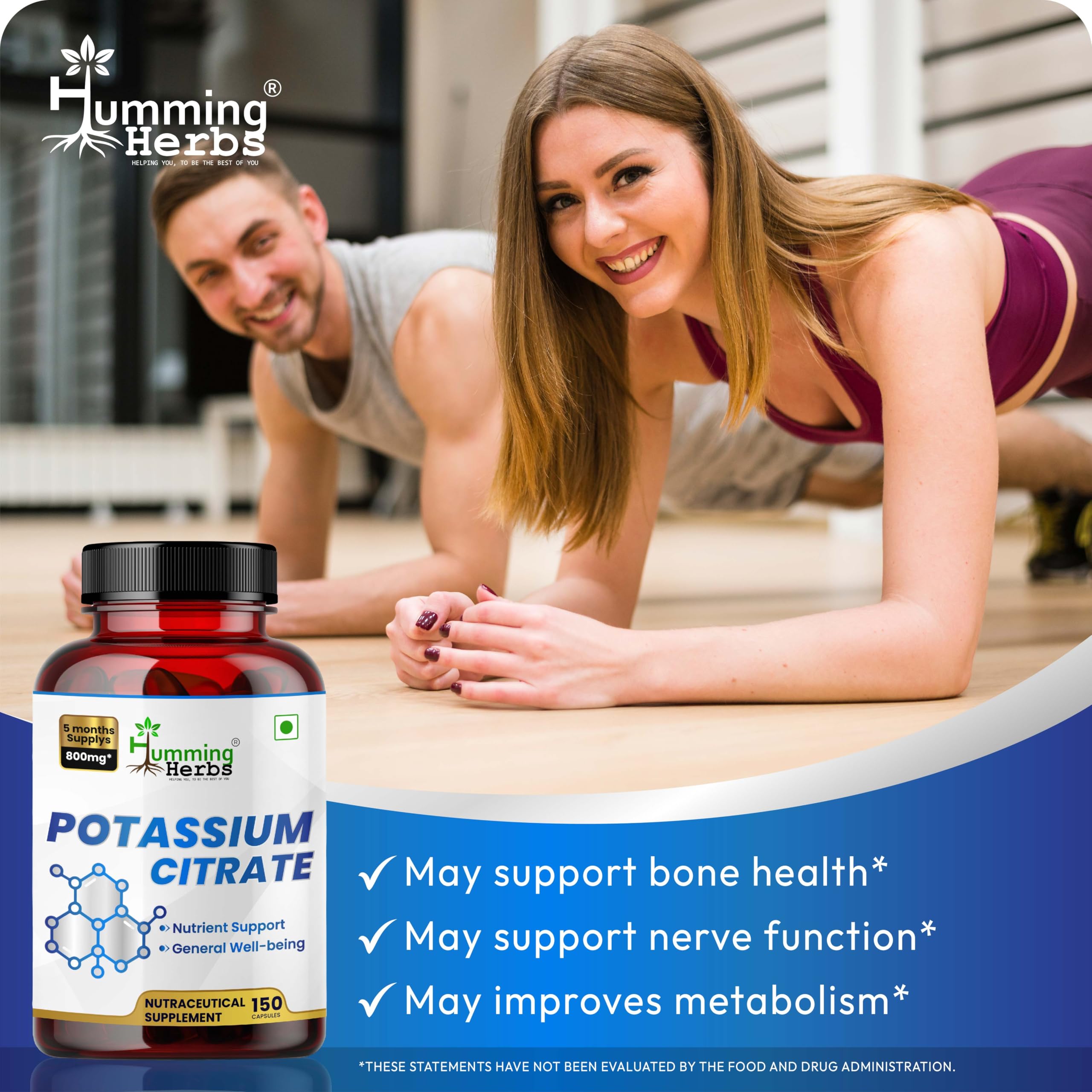 Humming Herbs Potassium Citrate 800 mg capsule image shows 306 mg elemental potassium per capsule.