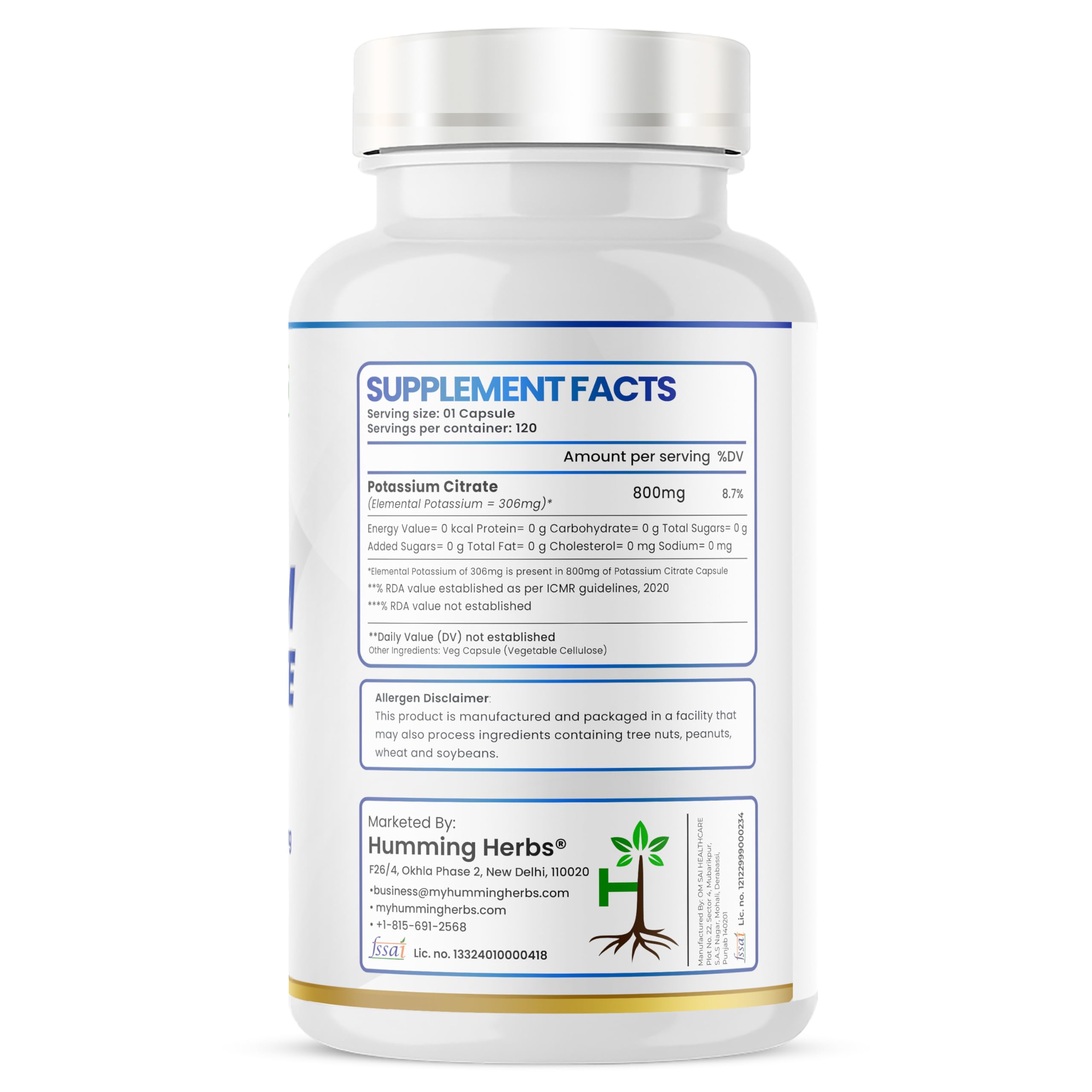 Humming Herbs potassium citrate capsules close-up highlighting vegan formula