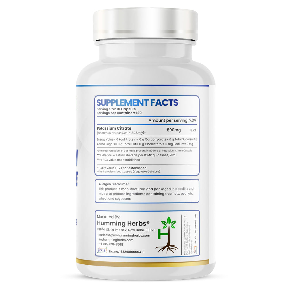 Humming Herbs potassium citrate capsules close-up highlighting vegan formula