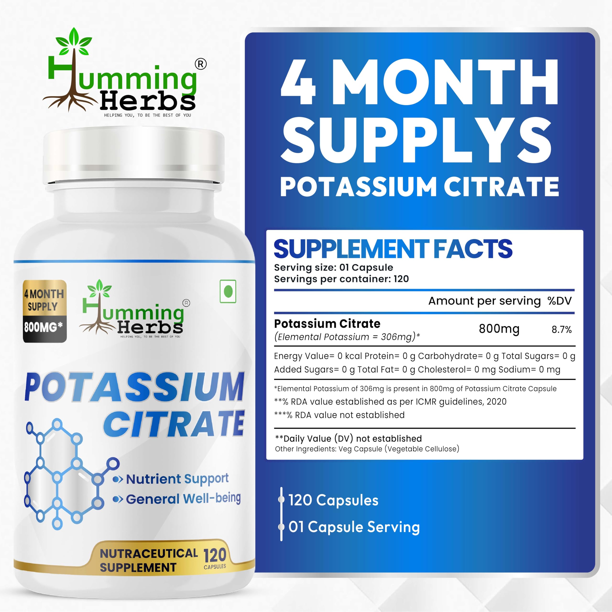 Humming Herbs potassium citrate label panel shows elemental potassium content for clarity