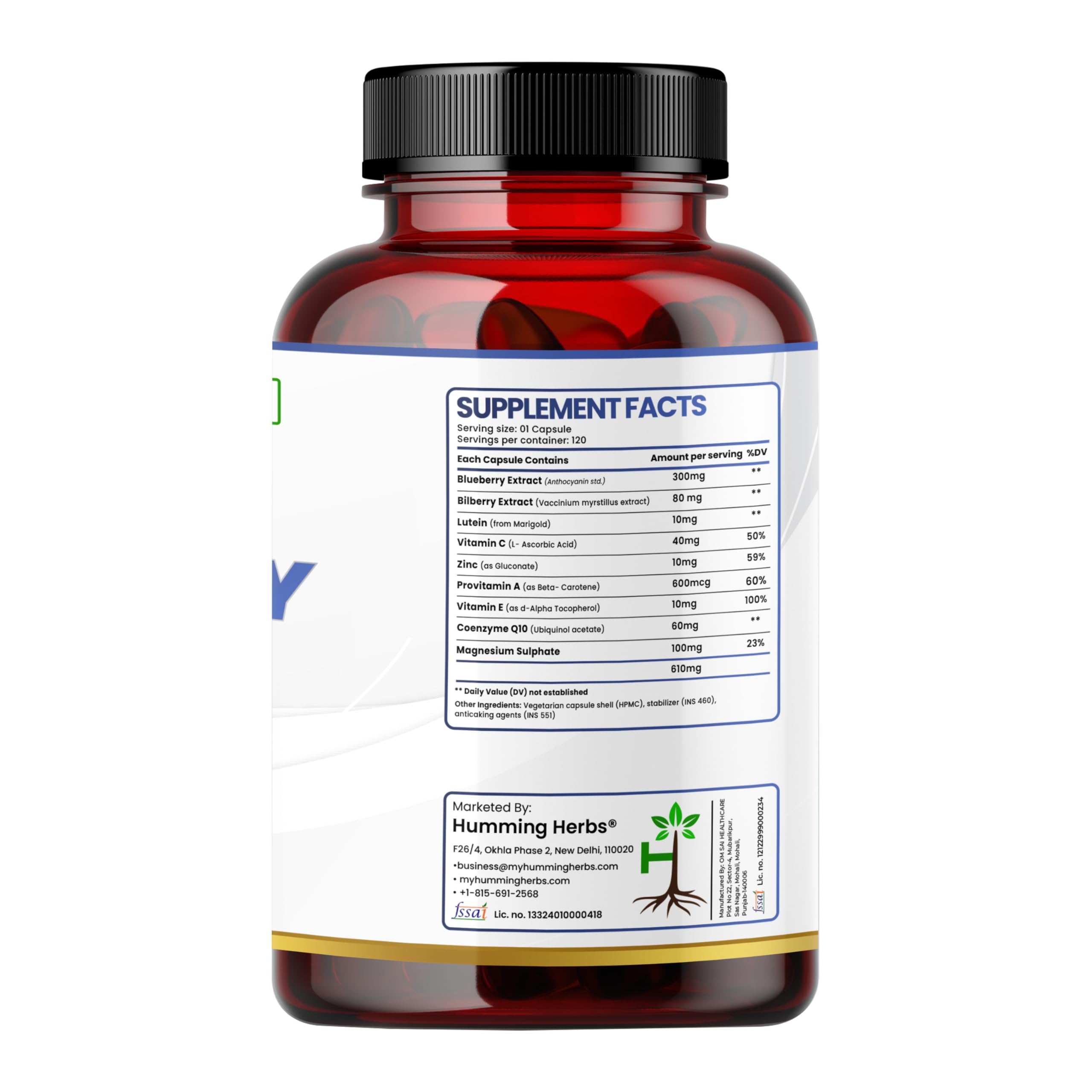 Humming Herbs silica desiccant shown for moisture control inside bottle.
