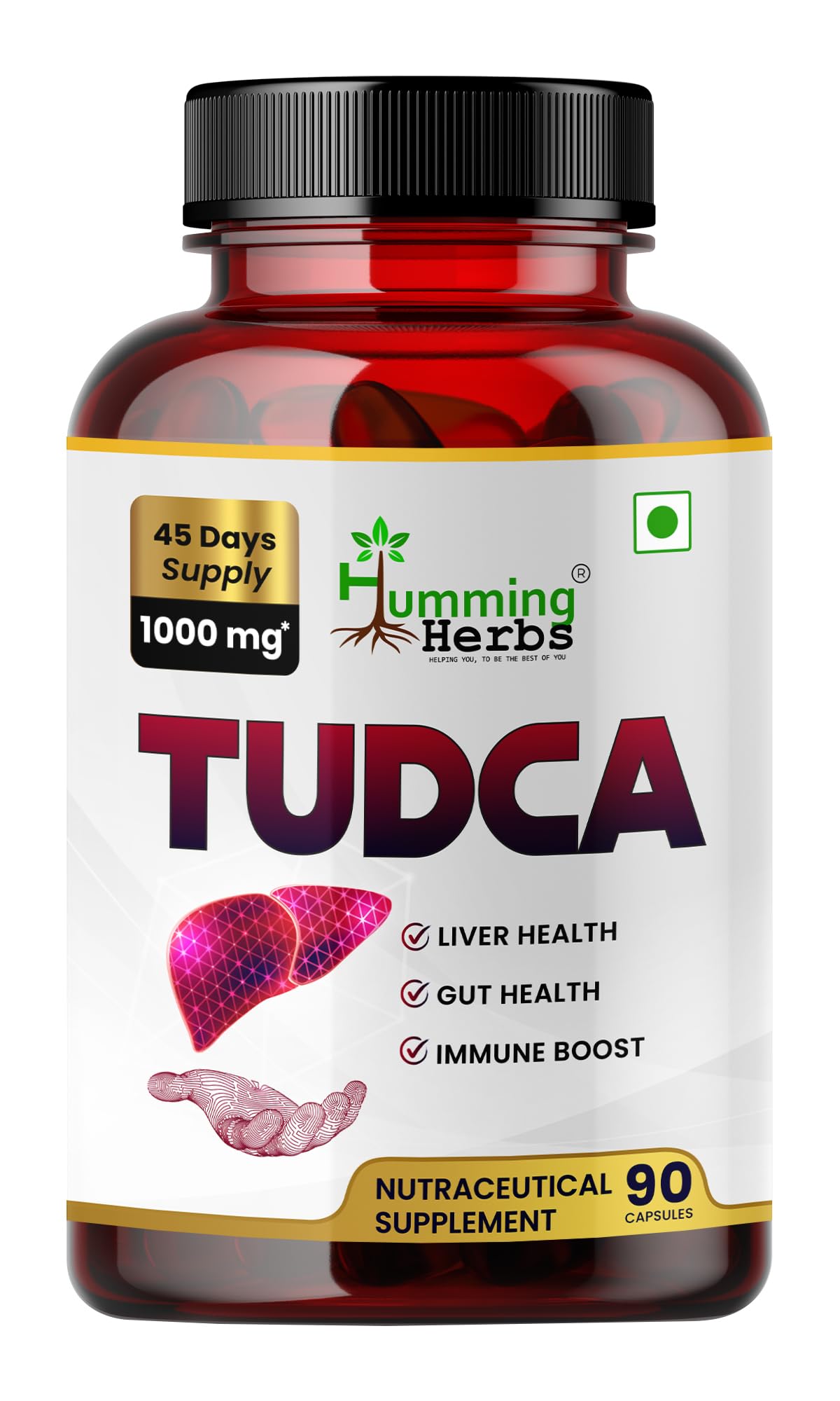 Humming Herbs TUDCA 1000 mg bottle front, high-potency bile acid support.
