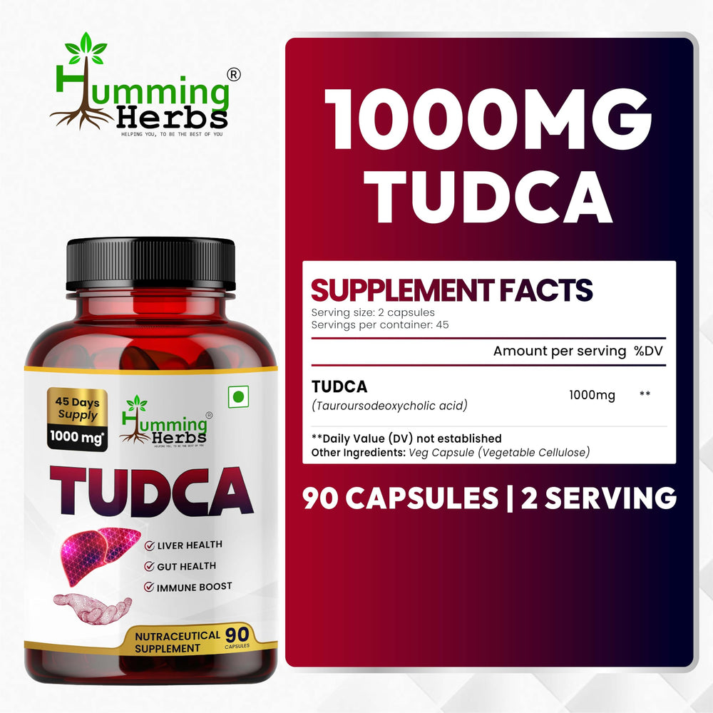 Humming Herbs TUDCA 1000 mg bottle label showing vegan capsules and purity.
