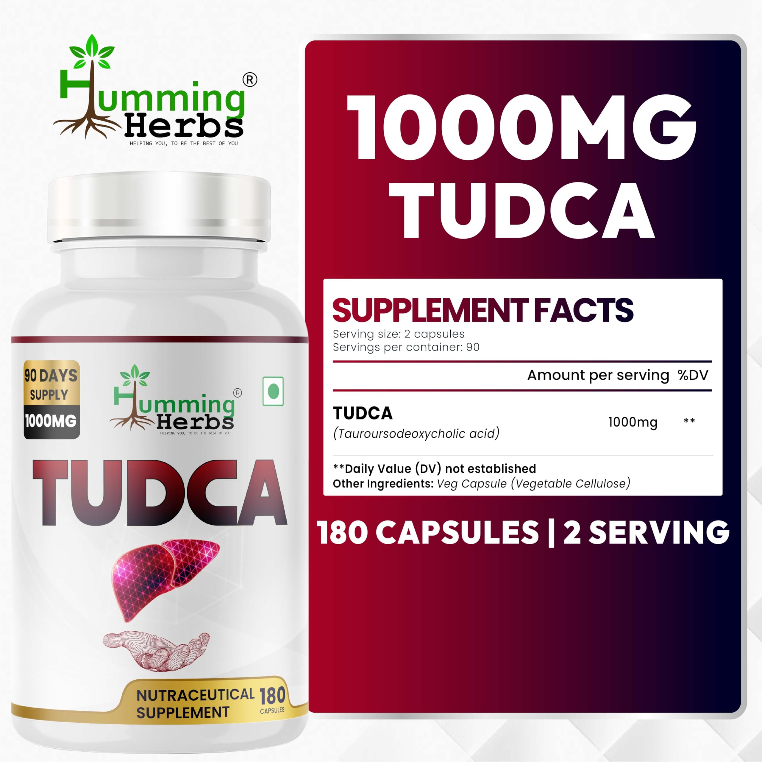 Humming Herbs TUDCA capsules closeup highlighting vegan capsules for easy intake.