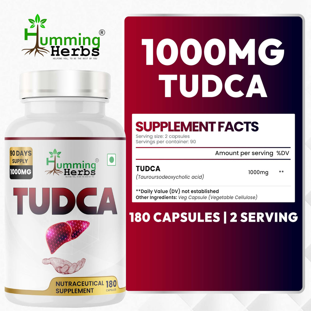 Humming Herbs TUDCA capsules closeup highlighting vegan capsules for easy intake.