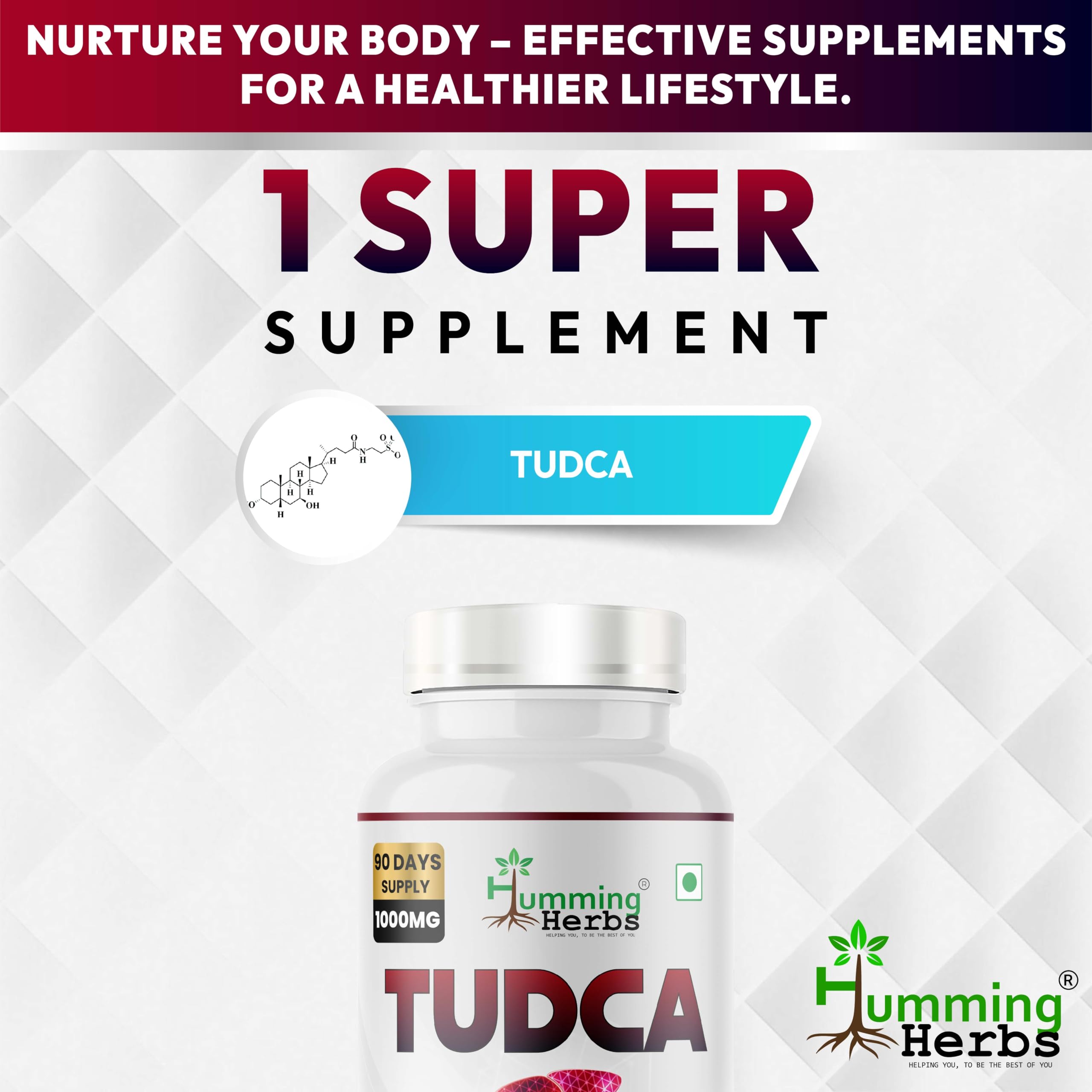 Humming Herbs TUDCA packaging travel-friendly bottle ready for trips.
