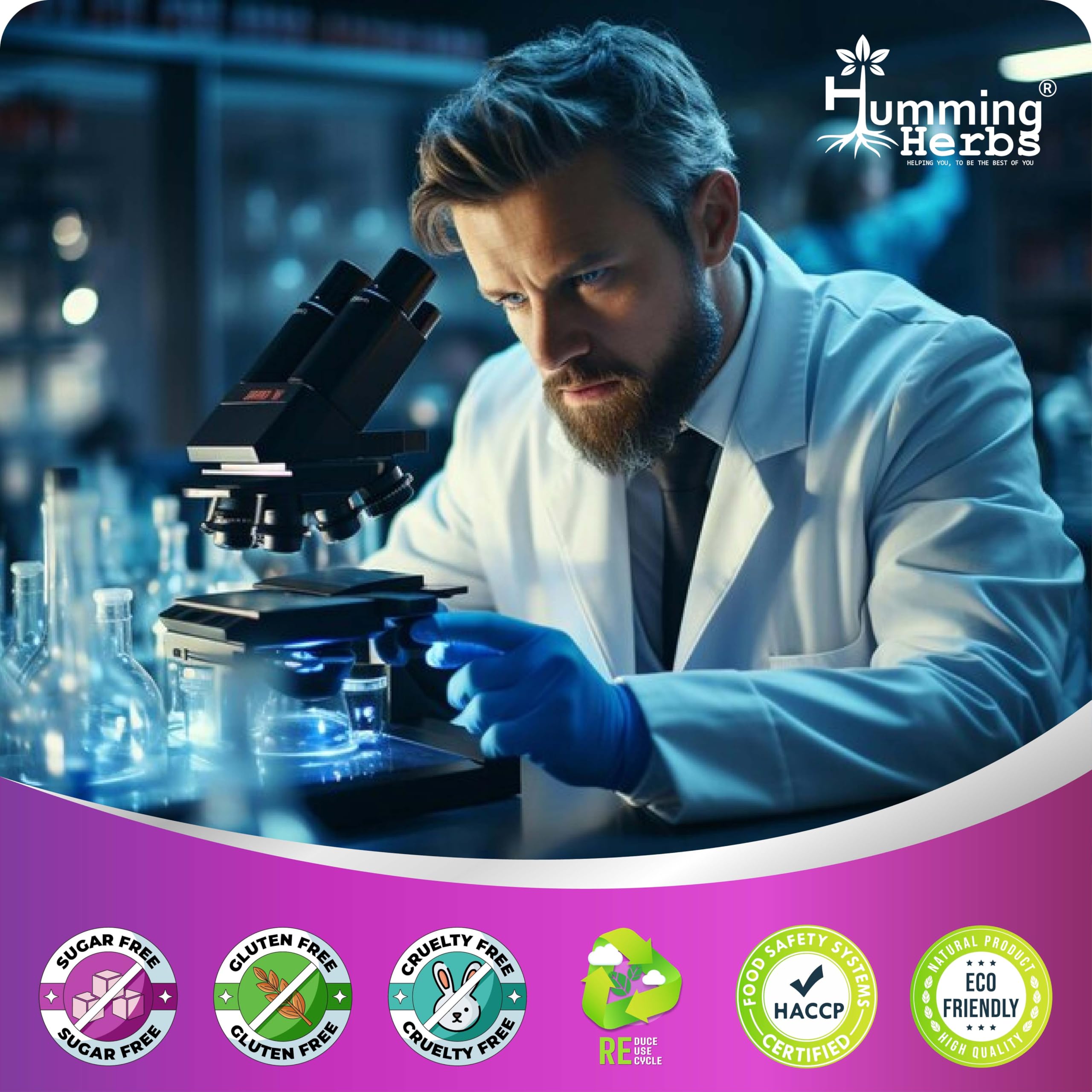 Humming Herbs Tyrosine and L-Theanine capsules for balanced focus and calm energy.