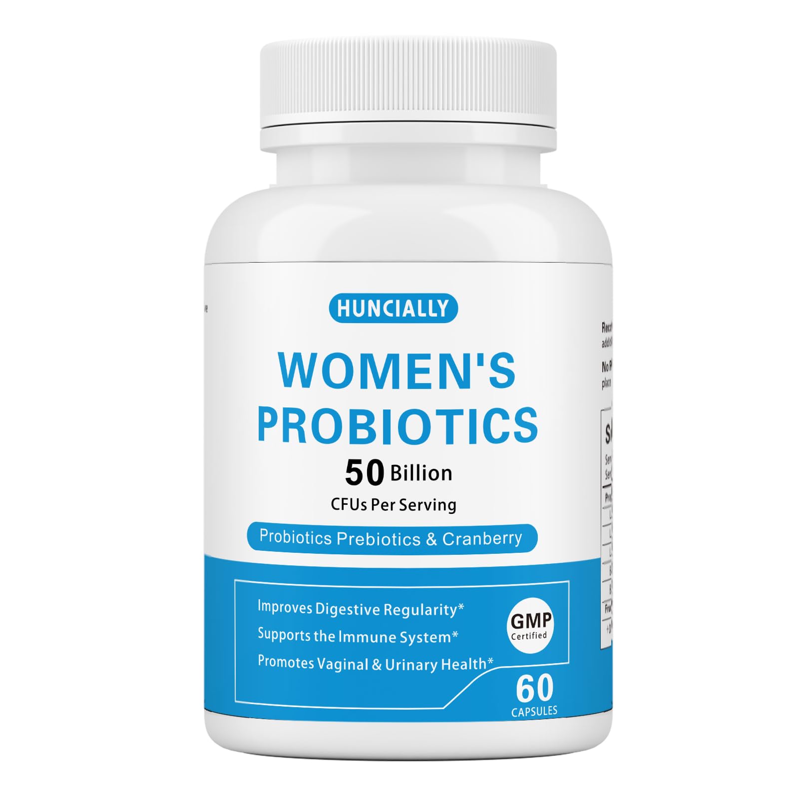 HUNCIALLY Women’s Probiotic capsules with 50B CFUs for digestive balance.