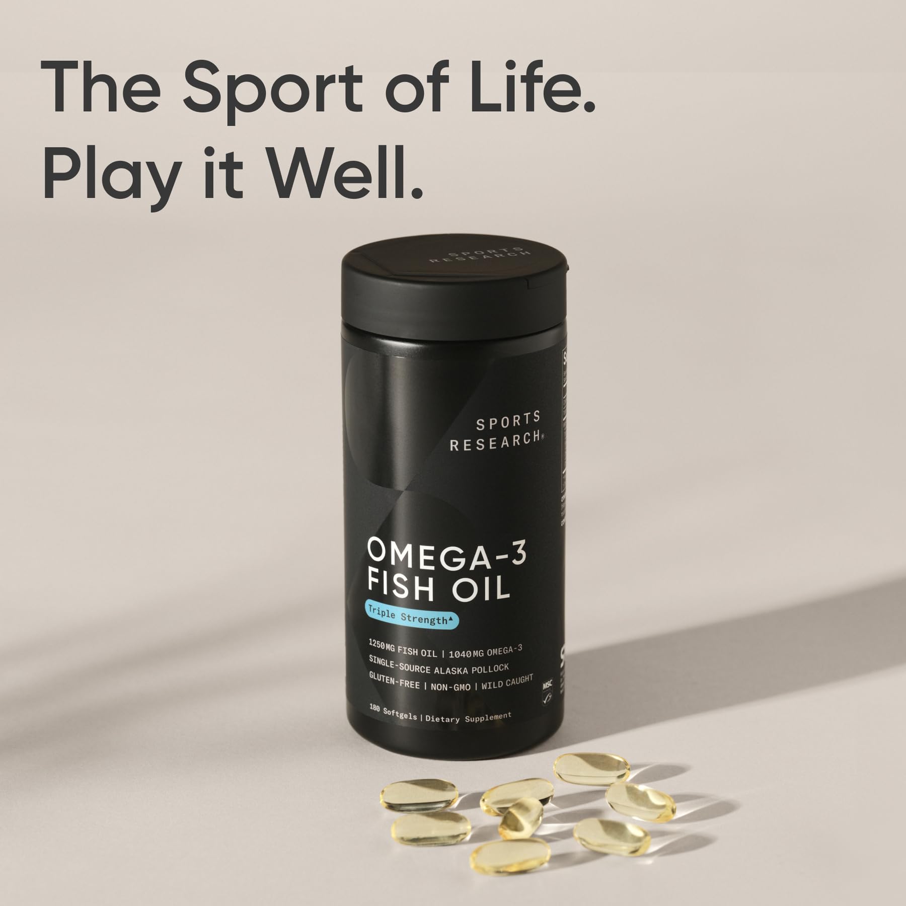 Sports Research Omega-3 bottle shows 180 softgels for daily use