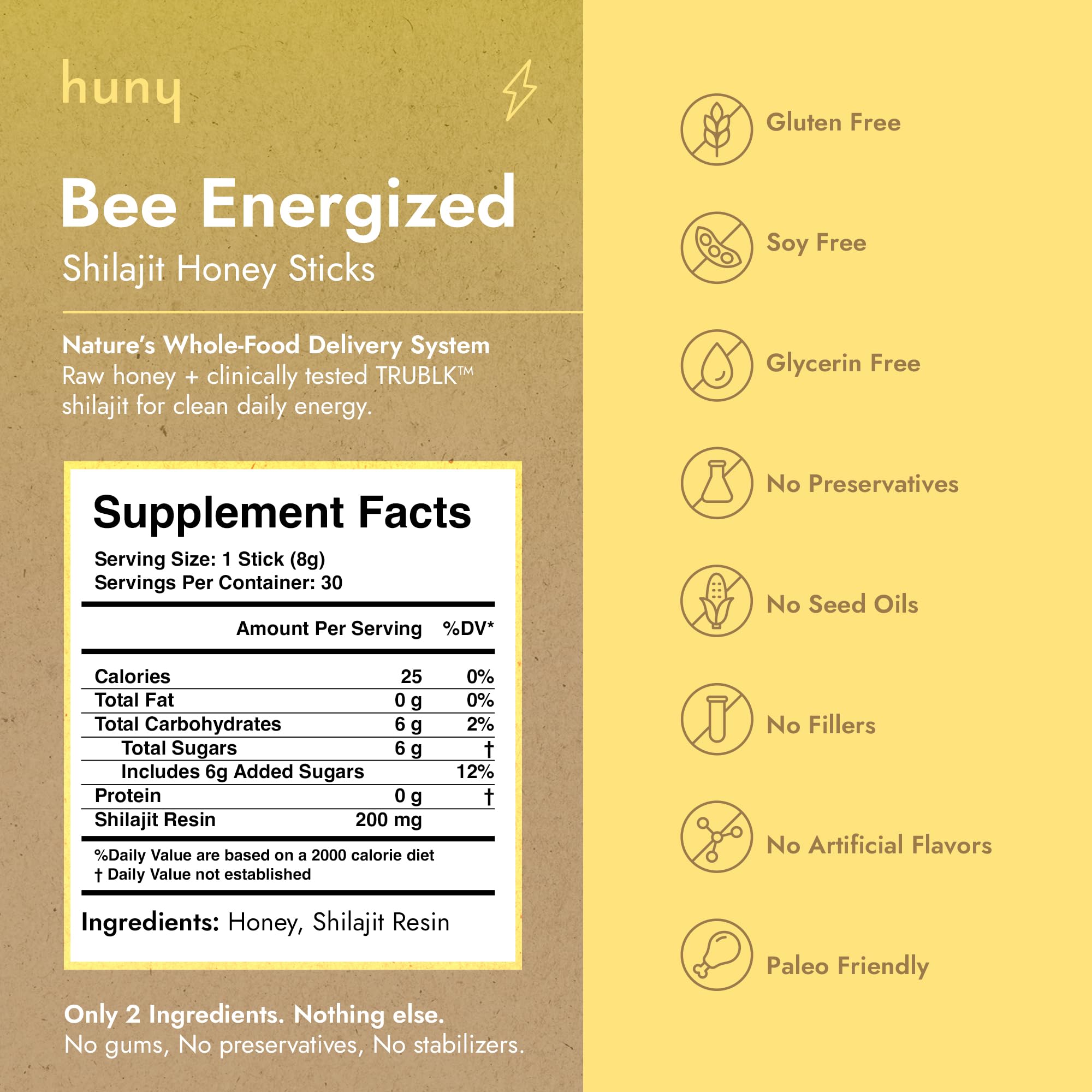 HUNY Bee Energized honey stick close-up showing texture.