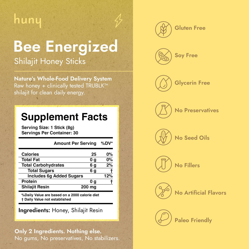 HUNY Bee Energized honey stick close-up showing texture.