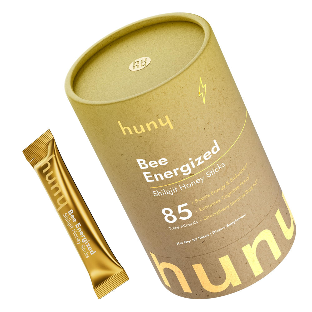 HUNY Bee Energized honey stick packaging for easy daily use.