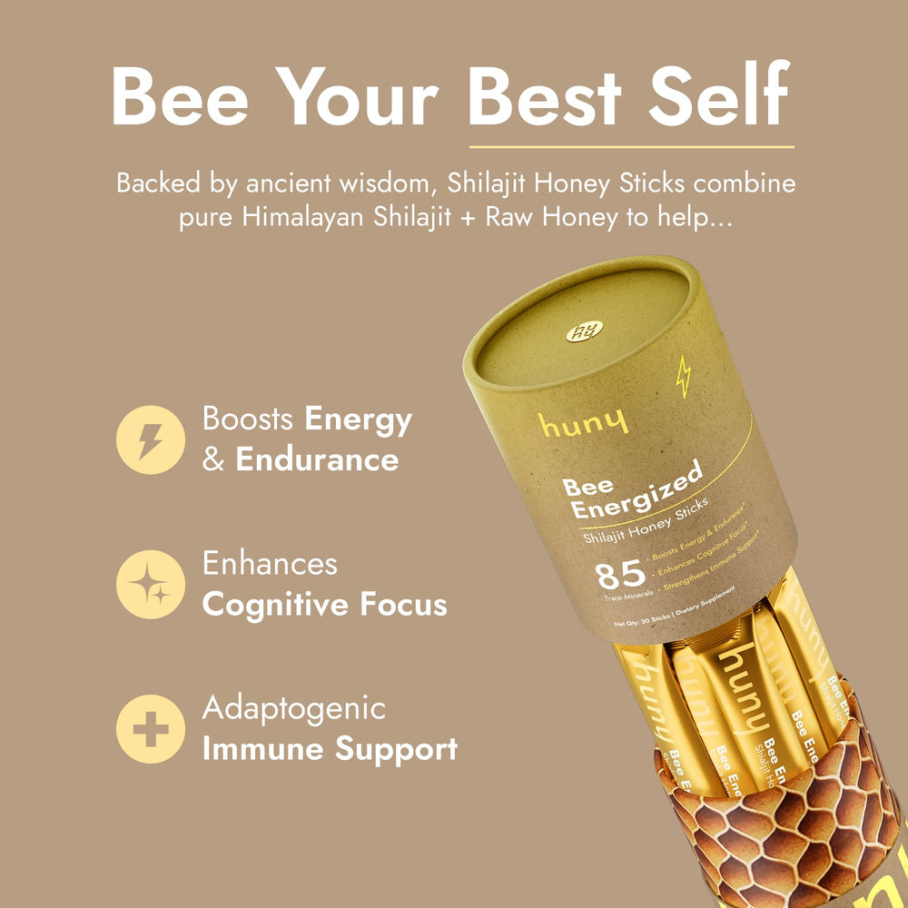HUNY Bee Energized shilajit resin close-up highlights purity and minerals.