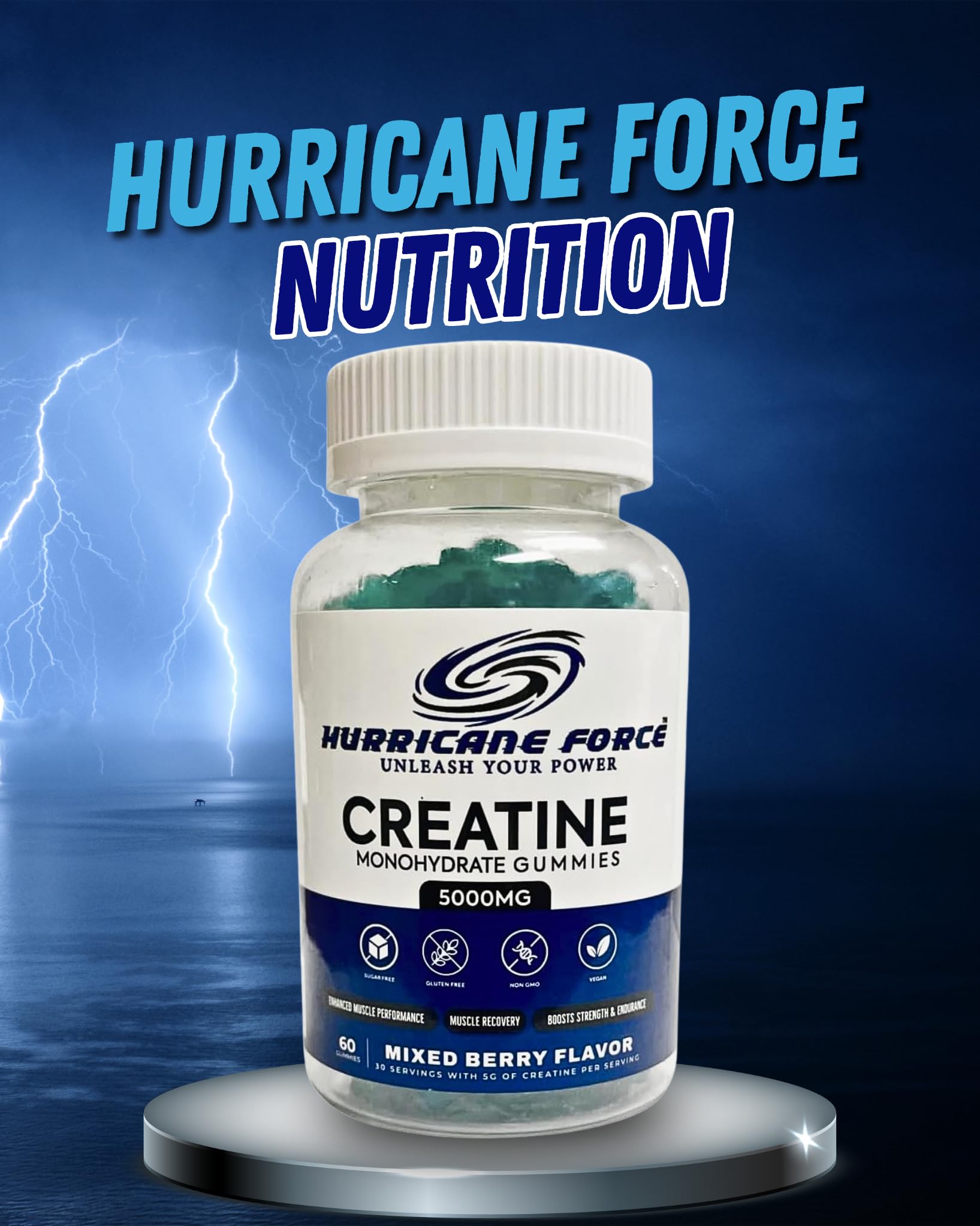 Hurricane Force Creatine Gummies pre and post workout support shown in context.