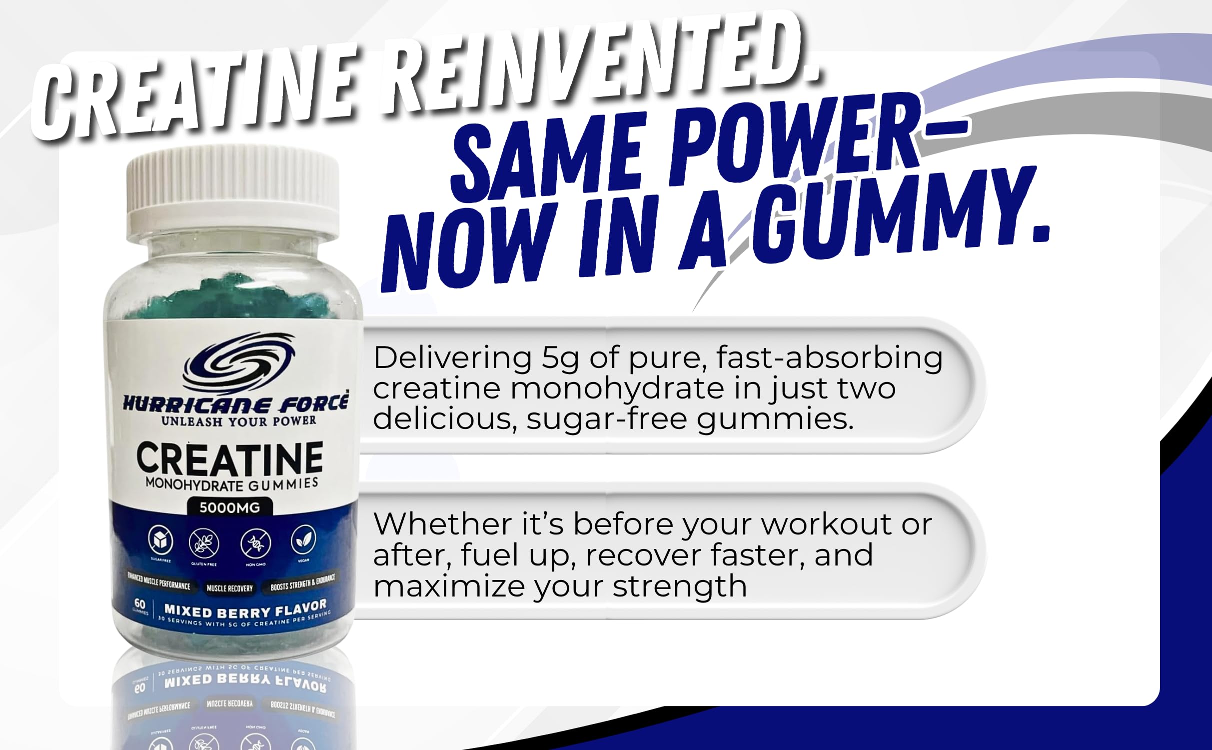 Hurricane Force Creatine Gummies vegan sugarfree pack emphasizes clean daily use.