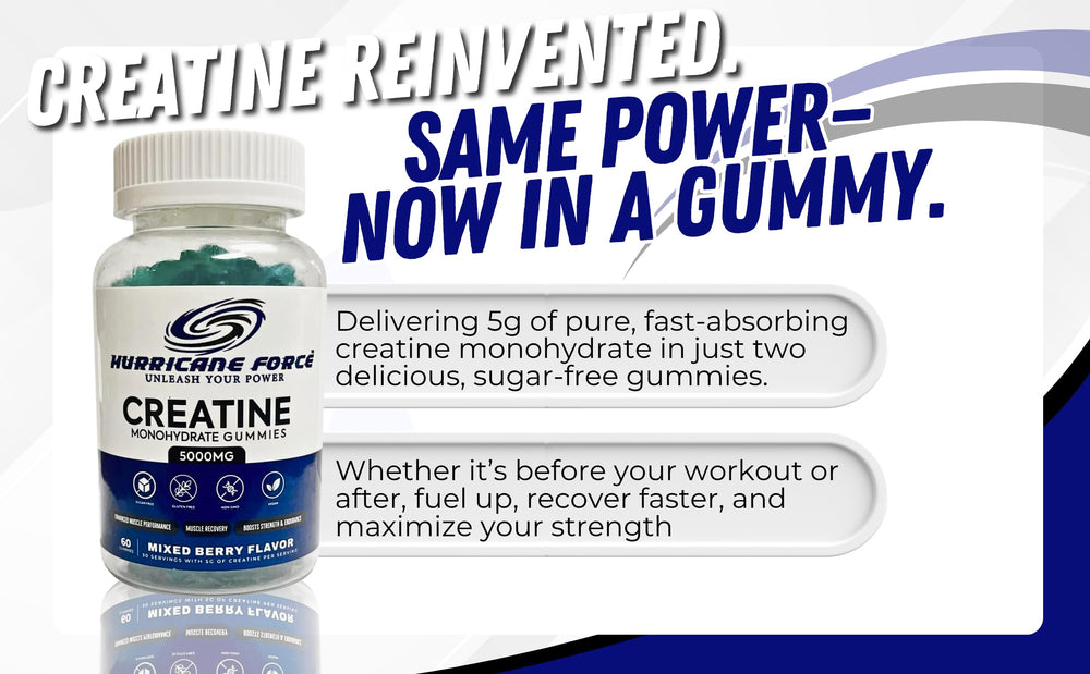 Hurricane Force Creatine Gummies vegan sugarfree pack emphasizes clean daily use.