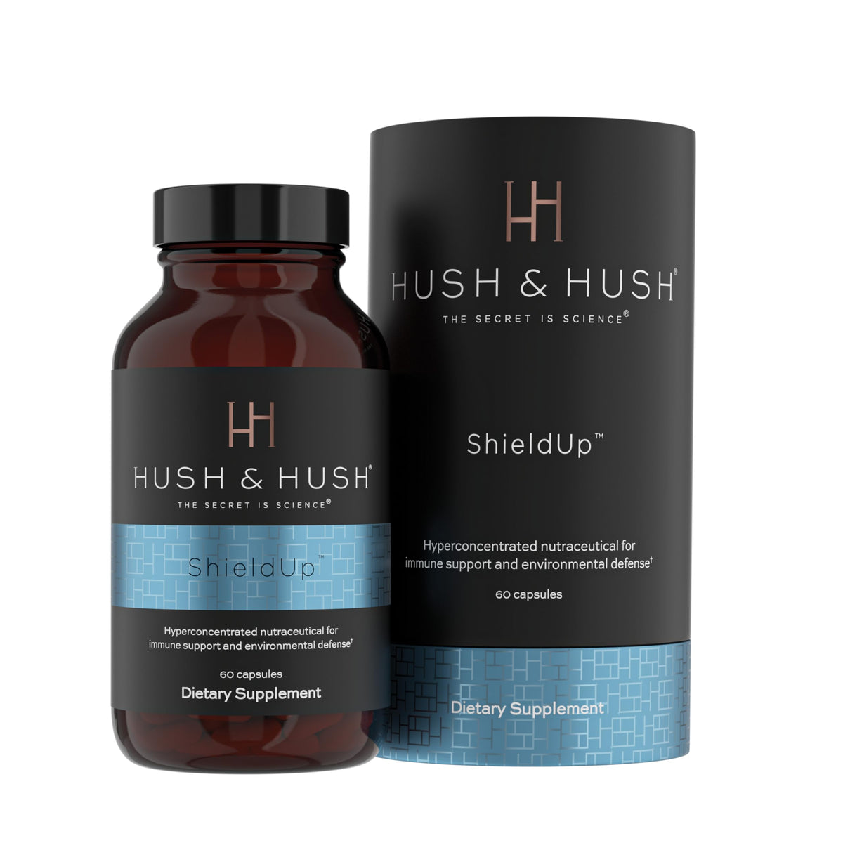 Hush & Hush ShieldUp bottle front for convenient daily immune support.