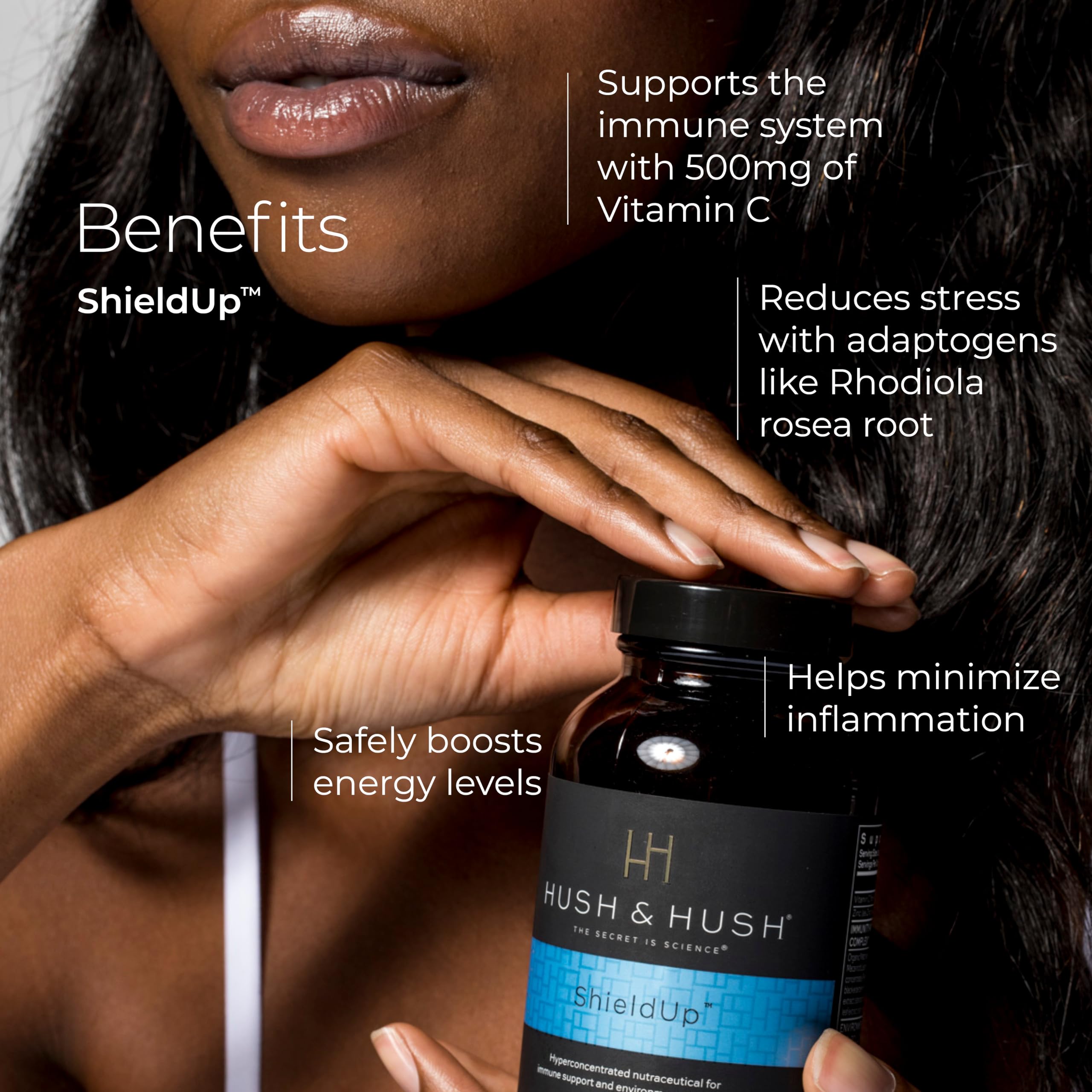 Hush & Hush ShieldUp vitamin C and matcha visuals signaling immune support benefits.