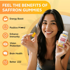 HUUAYAO saffron gummies closeup ingredients highlight natural adaptogens and vitamins