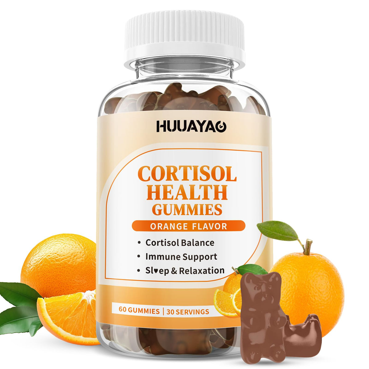HUUAYAO 15-in-1 cortisol gummies bottle front for daily calm.