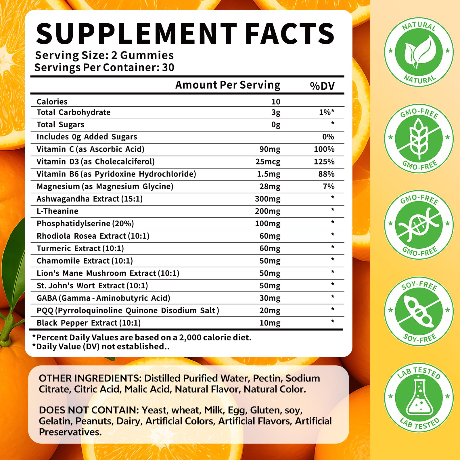 HUUAYAO 15-in-1 cortisol gummies ingredients panel highlights nutrients.