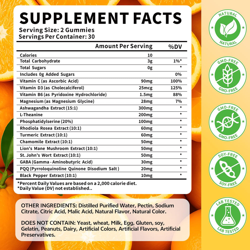 HUUAYAO 15-in-1 cortisol gummies ingredients panel highlights nutrients.