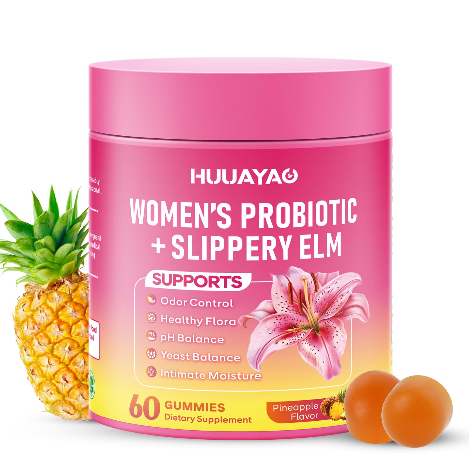 HUUAYAO Her Juicy Probiotics Gummies bottle-pour visual for daily freshness.