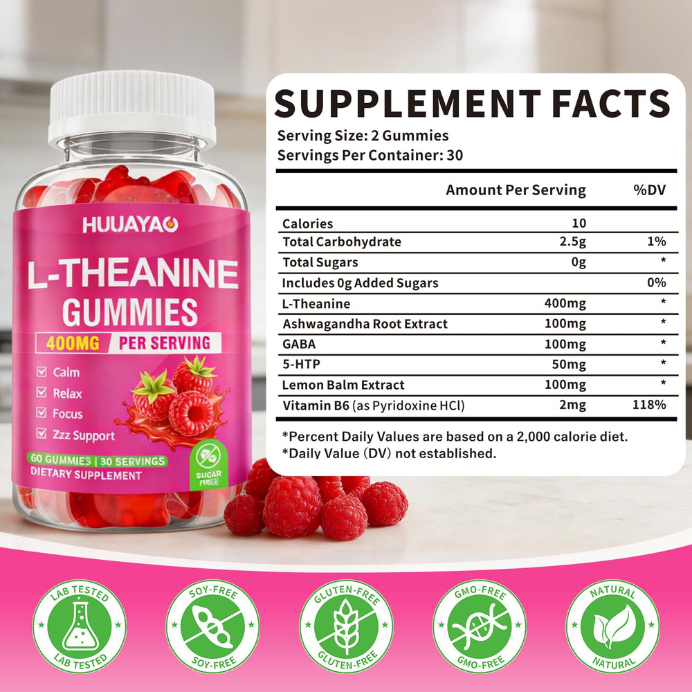 Ingredient panel of HUUAYAO L-Theanine Gummies highlighting key actives.