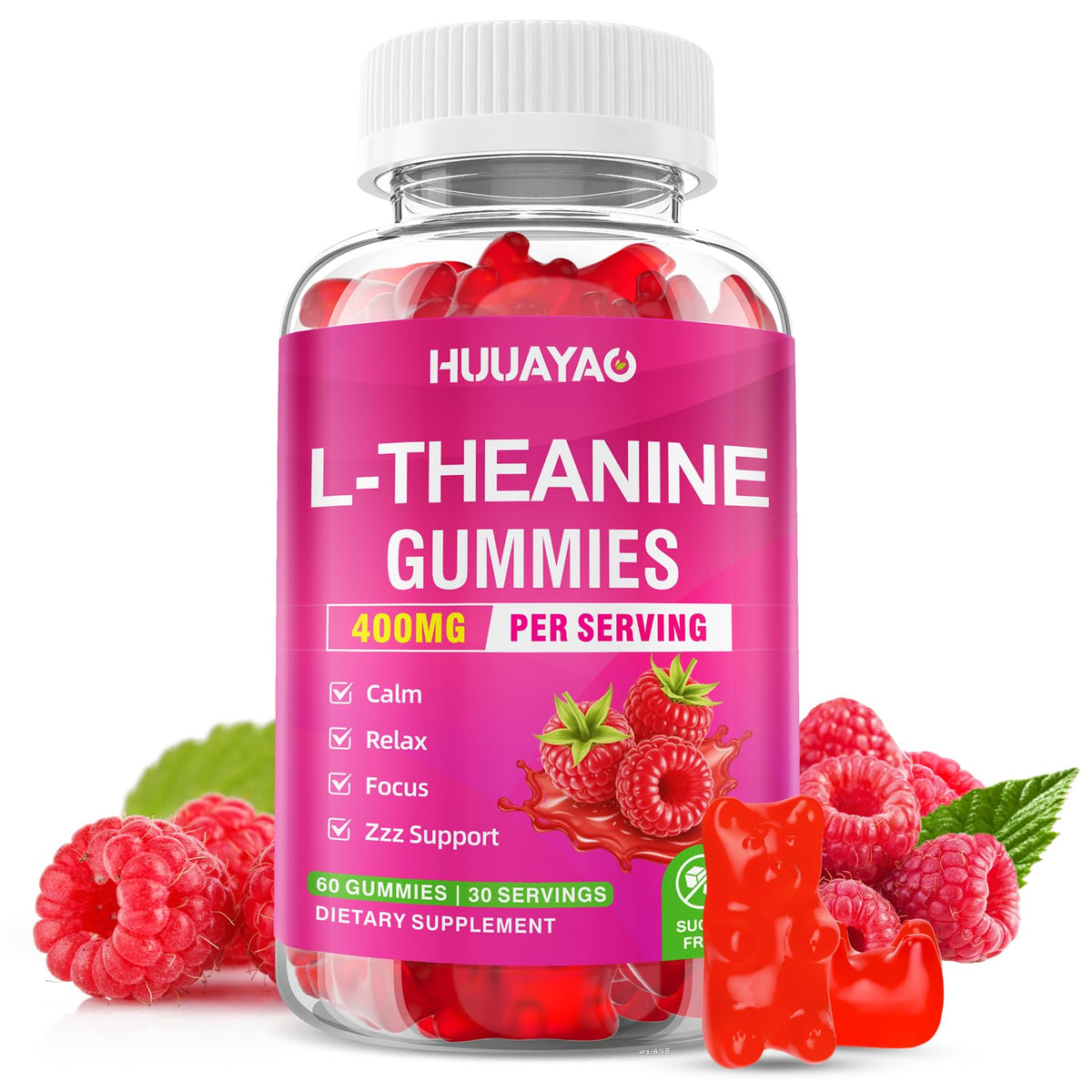 HUUAYAO L-Theanine Gummies raspberry flavor bottle shown for calm focus.