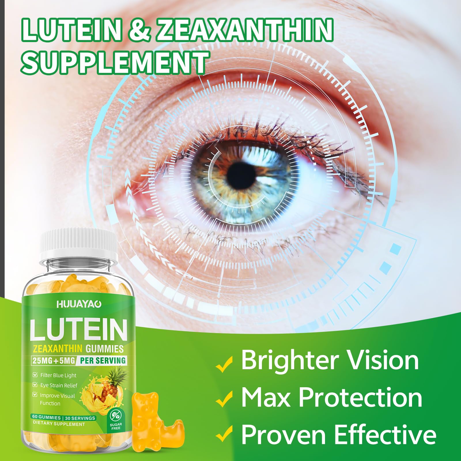HUUAYAO supplement ingredients panel highlighting antioxidants and vitamins for eye health.