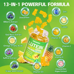 HUUAYAO Lutein Gummies label shows 25 mg lutein for eye support.