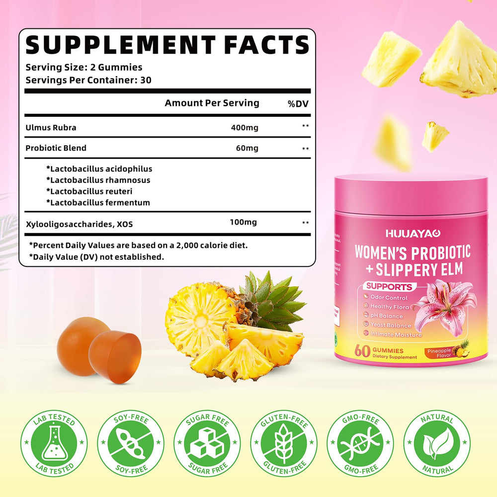 HUUAYAO Pineapple-flavored gummies show daily probiotic support.