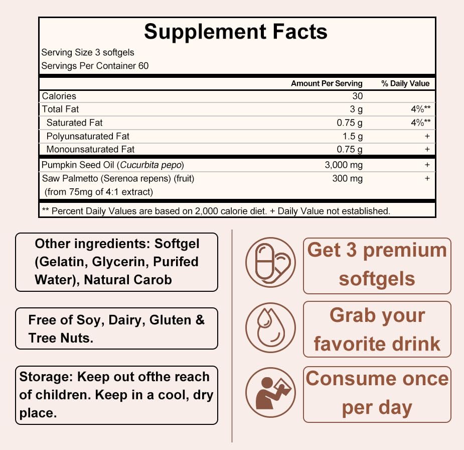 Huuazoi Pumpkin Seed Oil and Saw Palmetto bottle on shelf, clean plant-based support.