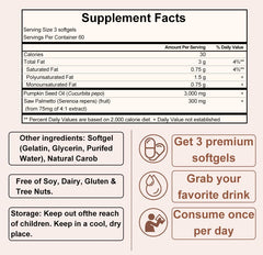 Huuazoi Pumpkin Seed Oil and Saw Palmetto bottle on shelf, clean plant-based support.