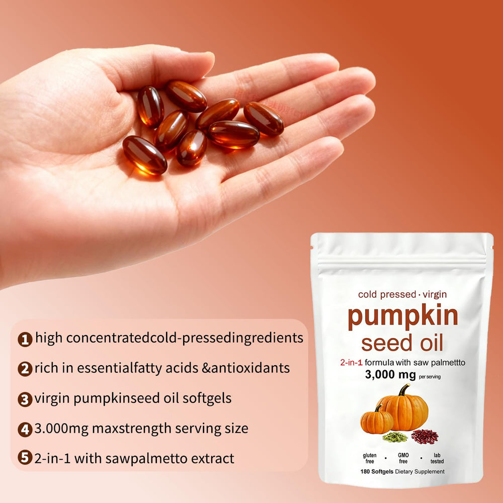 Huuazoi pumpkin seed oil capsules being poured, for daily wellness routine.