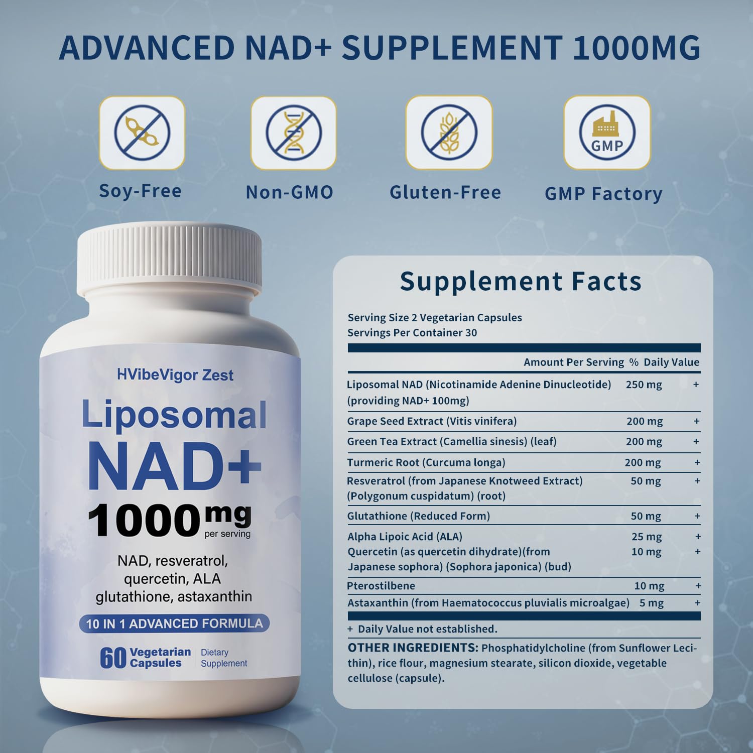HVibeVigor Zest NAD+ advanced formula bottle label highlights premium ingredients.