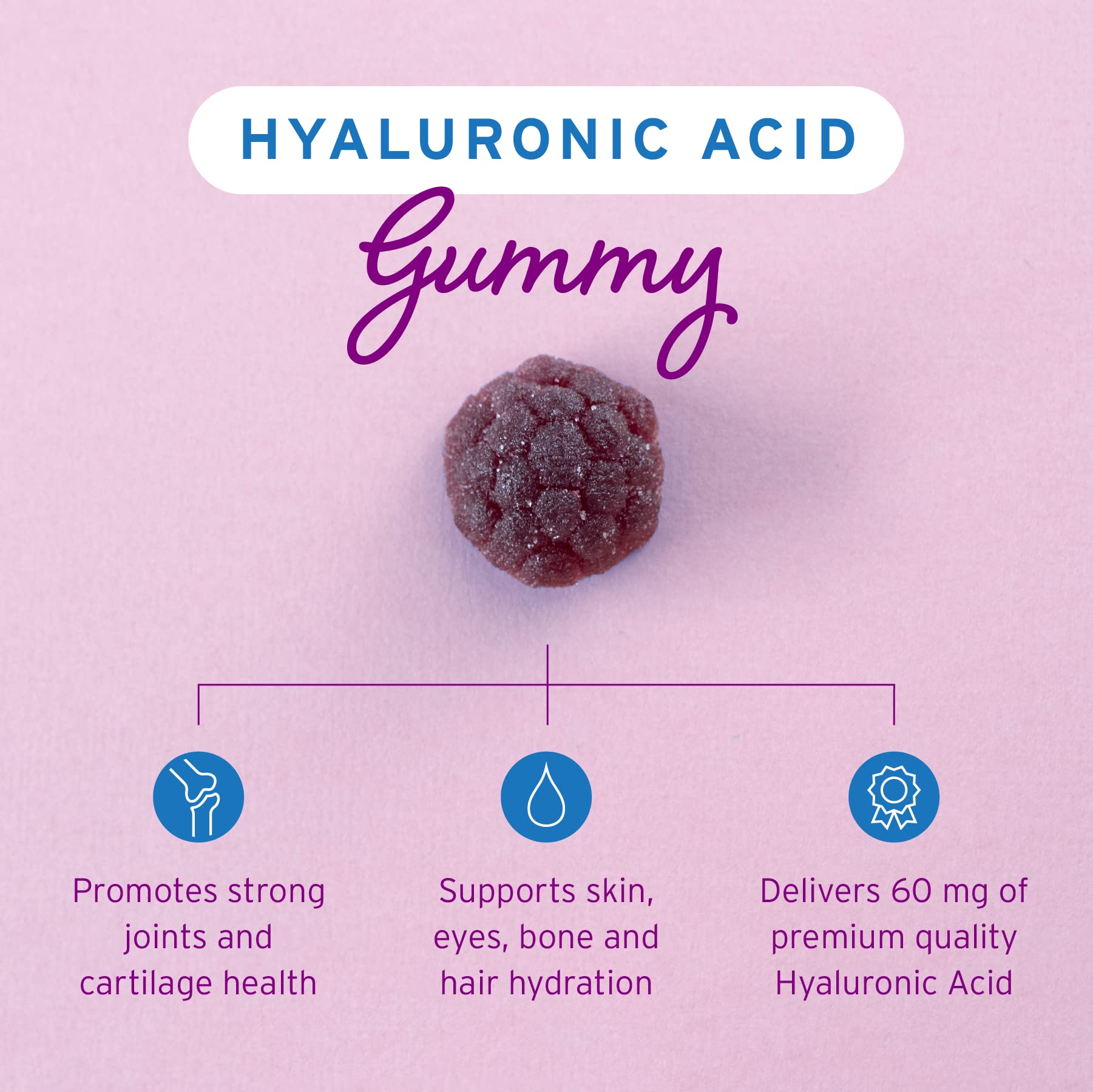 Close-up of berry-textured Hyalogic HA Gummies for enjoyable consumption.
