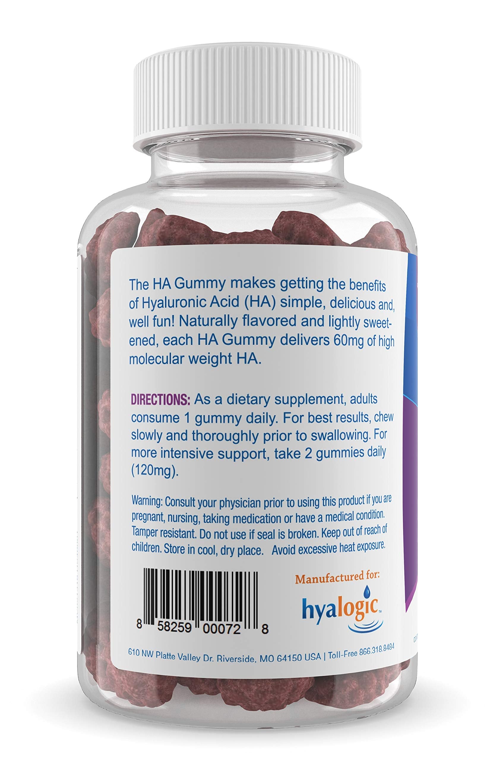 Close-up of Hyalogic HA Gummies highlighting berry flavor and chewy texture.