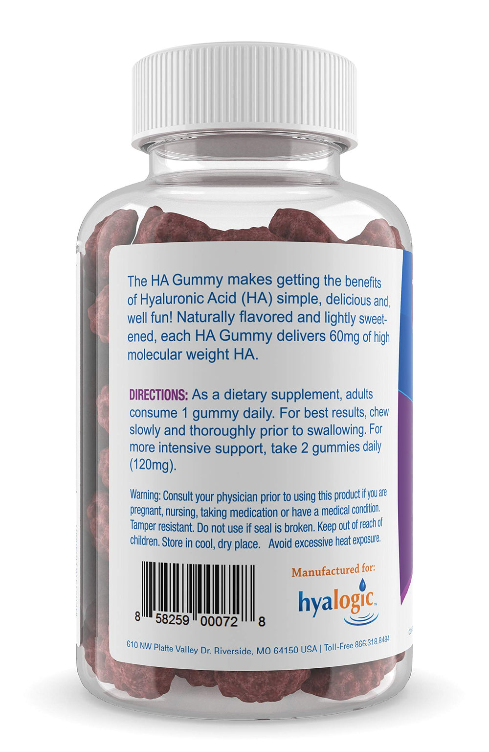 Close-up of Hyalogic HA Gummies highlighting berry flavor and chewy texture.