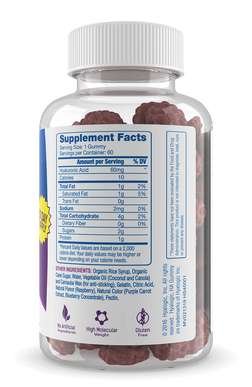 Label shows 60 mg hyaluronic acid per gummy for easy dosing
