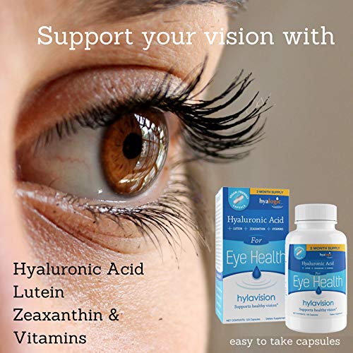 HylaVision bottle beside AREDS-inspired chart communicates eye support context.