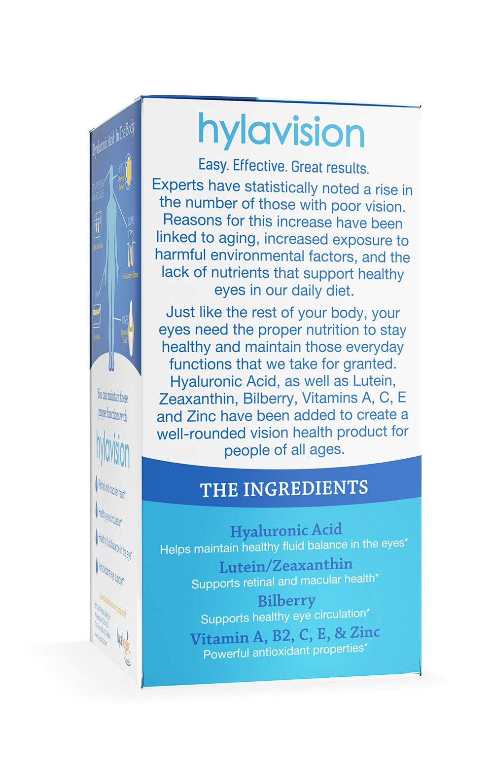 HylaVision bottle front label emphasizes comprehensive eye nutrients from HA, lutein, and zeaxanthin.
