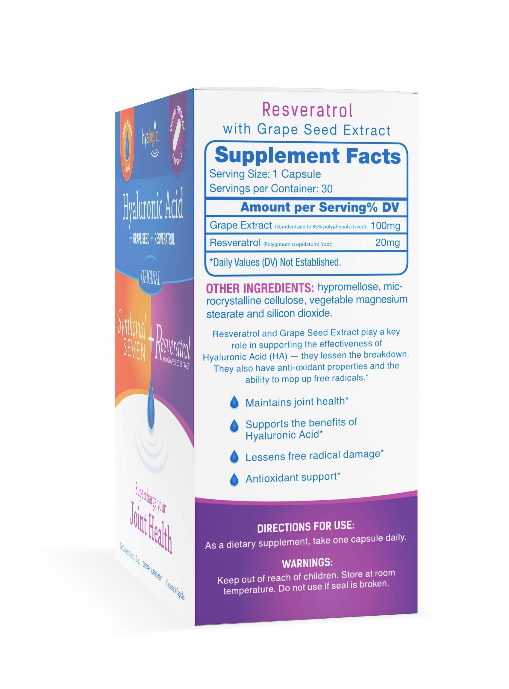 Hyalogic Synthovial Seven vegan formula pack beside capsules for easy daily regimen.