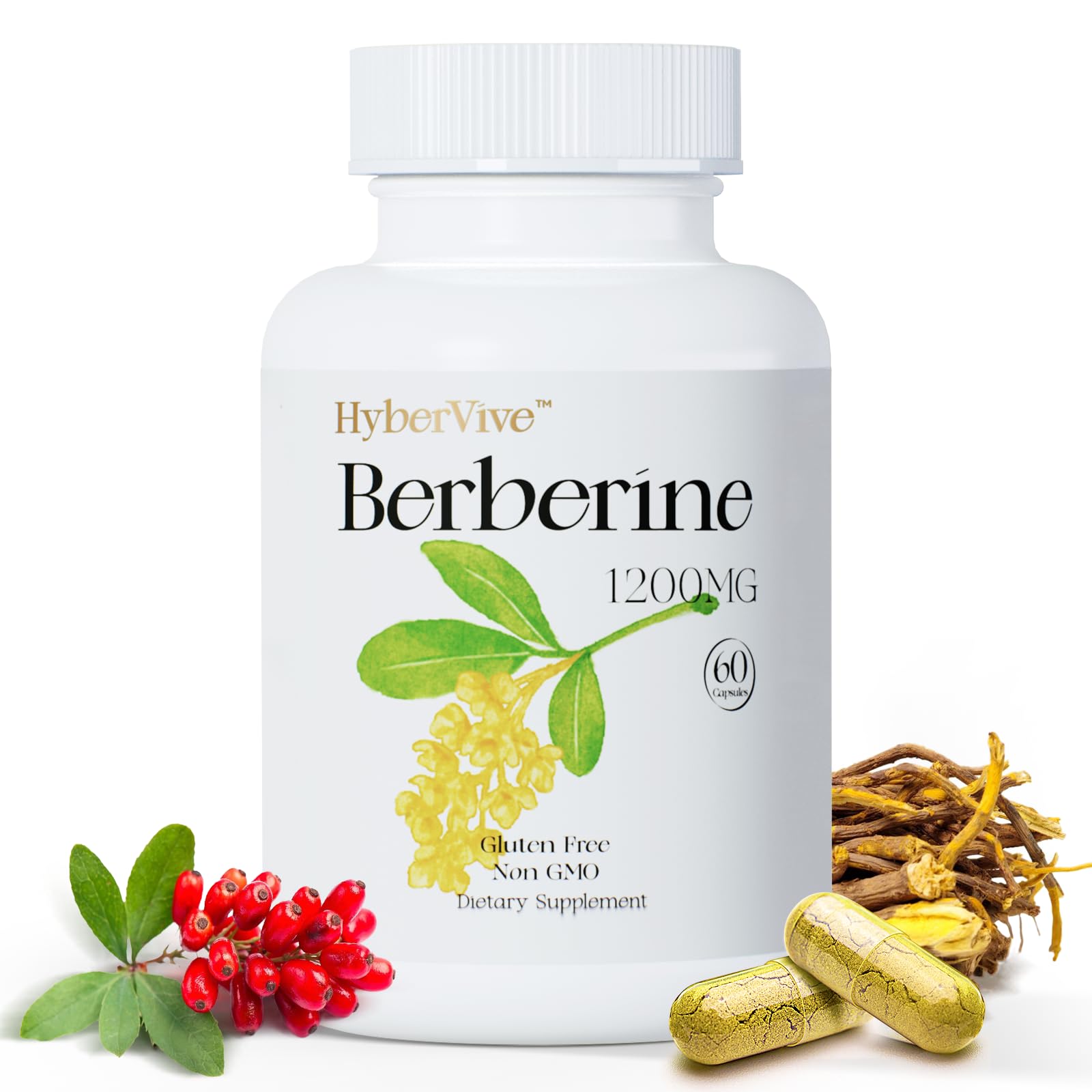 HyberVive Berberine bottle showing 60 capsules for post-meal support.