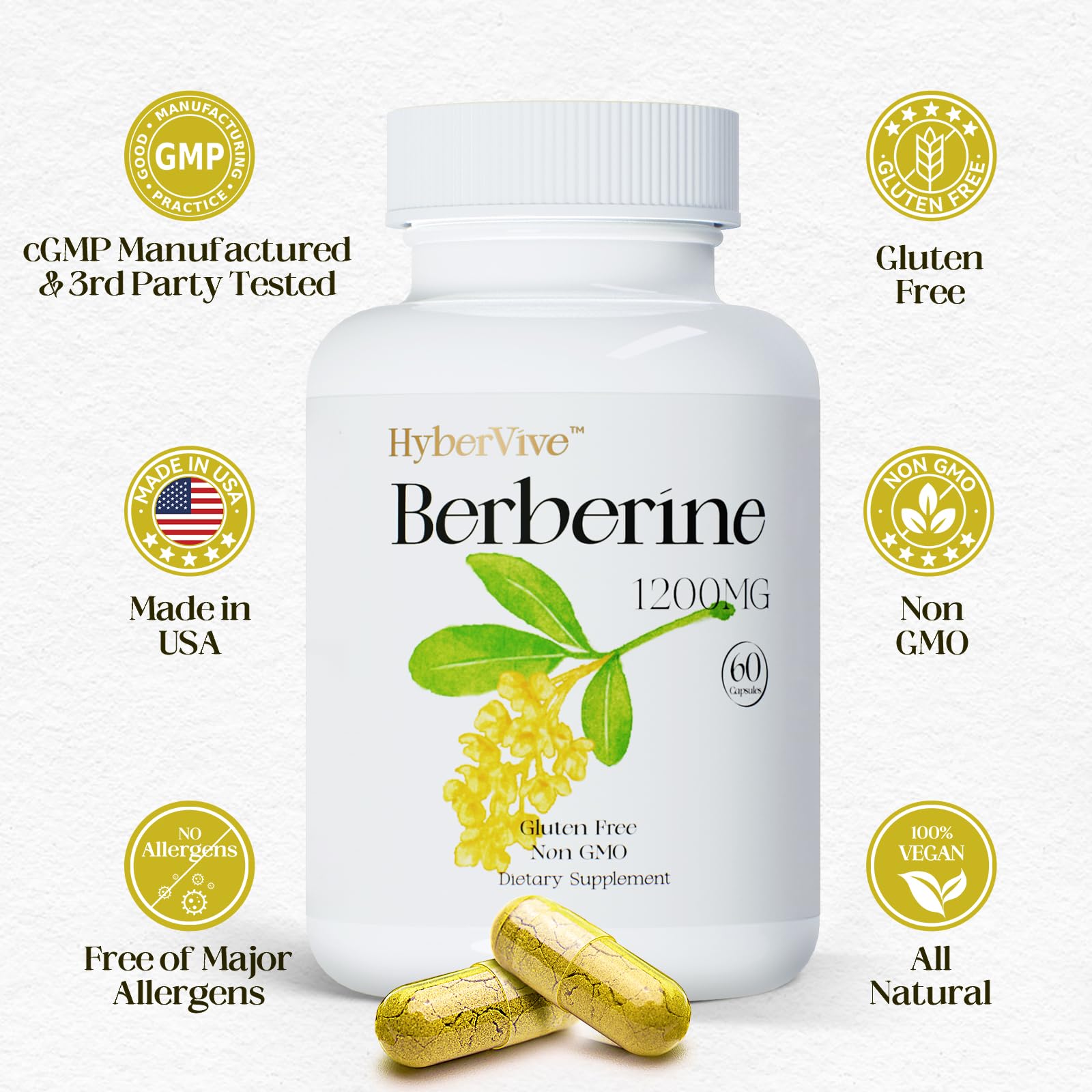 USA-made HyberVive Berberine label emphasizing quality and safety.