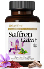 HyberVive saffron bottle with capsules for mood balance and calm energy.